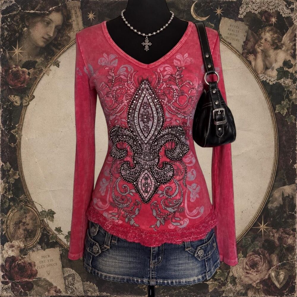 Vintage Fleur De Lis Rhinestone Top Y2K McBling Pink